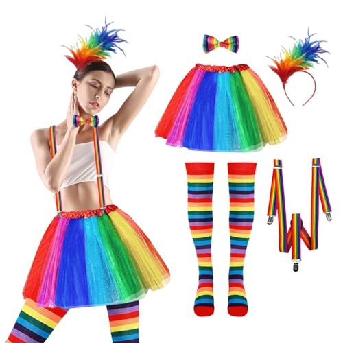 Yootiko 5er Tüllrock Regenbogen Damen,Regenbogen Kostüm Damen,Karneval Tüllrock Damen mit Schultergurt,Bunt Feder Stirnbänder,Strümpfe,Krawatte,Clown Kostüm Damen,Regenbogen Tutu Damen für Fasching von Yootiko