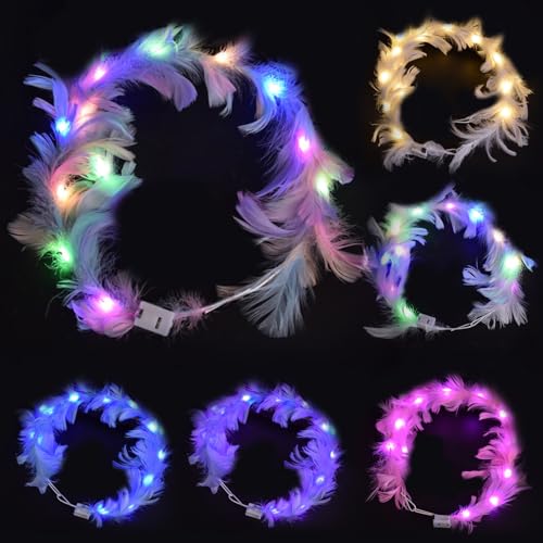 Yootiko 6pcs Led Feder Stirnband,Led Haarreif,Blumenkranz Haare Leuchtend,Lichterkette Mit Federn,Leuchtender Kopfschmuck für Damen Kinder Weihnachten Halloween Karneval Party Hochzeit Haarschmuck von Yootiko