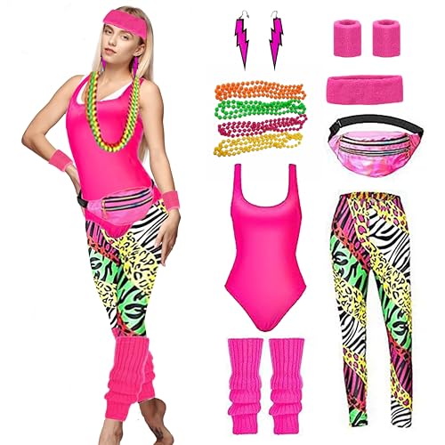 Yootiko 80er Jahre Outfit Damen,80er Aerobic Outfit Kleidung Retro Neon Kostüm Outfit Accessoires Top Leggings Stirnband Handschlaufe Beinschutz Bauchtasche Ohrringe 7 Teiliges für Karneval Mottoparty von Yootiko