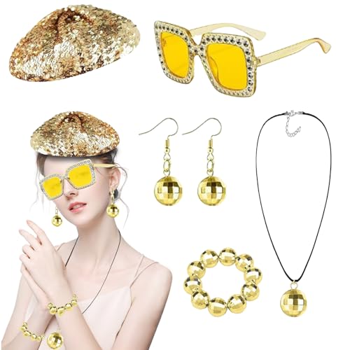 Yootiko Disco Accessoires Damen,5 Stück Disco Accessoires mit Hut Ohrringen Halskette Schnüren Sonnenbrille Glitzer Disco Schlager Outfit Damen mit Pailletten für Kostümpartys von Yootiko