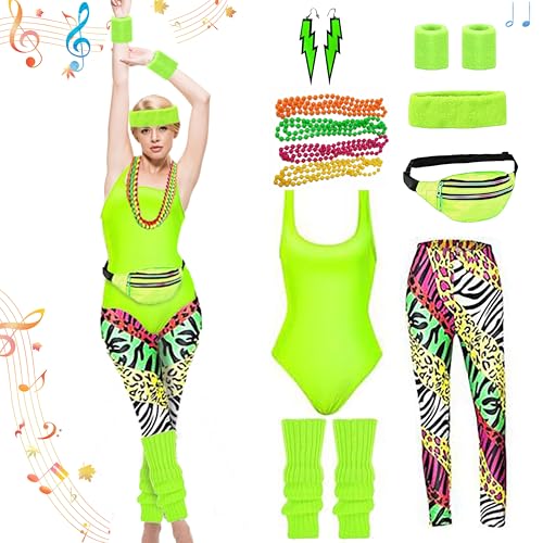 Yootiko Neon Party Outfit Damen, 80s 90s Kleidung Kostüm 80er Jahre Accessoires Outfit Damen 90er Jahre Outfit Damen Set mit Bauchtasche Neonhalsketten für Karneval Fasching Mottoparty von Yootiko