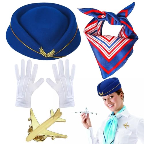 Yorajuy 4 Stück Flugbegleiterkostüm für Frauen, Stewardess Cosplay Set, Stewardess Cosplay Zubehör, Kostümzubehör Für Stewardess, Stewardess Hut Schal Schal Handschuhe Sonnenbrille von Yorajuy