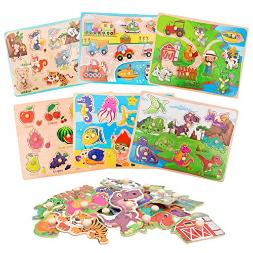 Yosamy Holzpuzzle für Kleinkinder, Montessori Spielzeug, 6 Teiliges Kleinkind Puzzle Set mit Griff, Pädagogisches Vorschulspielzeug von Yosamy