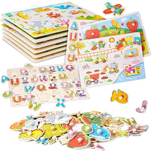 Yosamy Holzpuzzle für Kleinkinder, Montessori Puzzle Set Kleinkinder, Puzzle mit Griff, Pädagogisches Lernspielzeug, 6 Teiliges von Yosamy