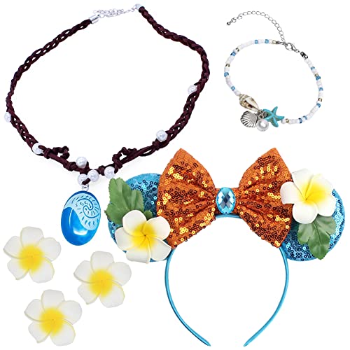 Vaiana-Verkleidungszubehör für Mädchen, Vaiana-Halskette, Stirnband, Armband, Blume, Hiar-Clip, Moana-Kostüm, Zubehör, Halloween, Weihnachten, Partyzubehör für Kinder (blau) von Yosbabe