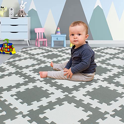 Yostrong® Puzzlematte Baby mit Dreieck Rand für Krabbelmatte Spielmatte Bodenschutzmatte - 18 Puzzle 2 Quadrate Matten Kinder Eva Schaumstoffmatte Schadstofffrei. Weiß, Grau. YO2S-ALb18T14 von Yostrong