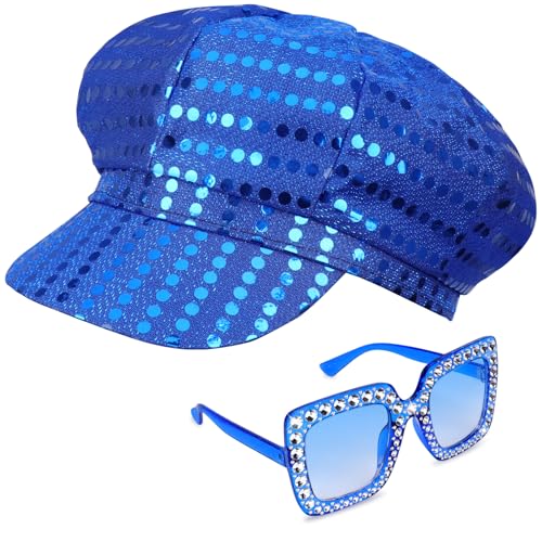 Yotako 2 Stück 70er Jahre Disco Hut Abba Hut Pailletten Hut Blau Abba Zubehör Damen mit Pailletten Quadrat Bling Sonnenbrille Glitzer Abba Kostüm Zubehör Kit für Erwachsene Frauen Mädchen Retro 70 von Yotako