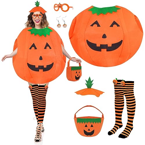 Yotako Halloween Kürbis Kostüm, 6 Stück Erwachsene Kürbis Kostüm Damen, Karnevals Kürbiskostüm mit Hut, Kürbis Tasche, Strümpfe, Ohrringe,Brille für Frauen/Mädchen Halloween Cosplay Party von Yotako