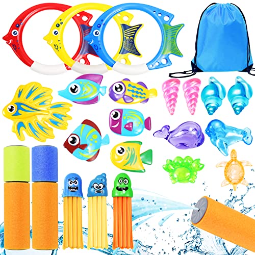 Yotako Swimming Pool Toys for Kids, 23Pcs Diving Toys Set with Drawstring Bag Dive Rings Water Pistol Treasures Gems Stringy Octopus Fish Sinkers Pool Toy Weights Game for Toddler Summer Training von Yotako