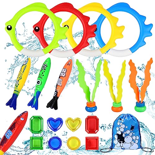 Yotako 20 Stück Tauchspielzeug für Kinder, Schwimmbad Tauchspielzeug Set: 4 Tauchringe in Fischform, 4 tauchtorpedos, 3 Algenspielzeug, 8 Edelsteine und 1 Aufbewahrungstasche mit Kordelzug von Yotako