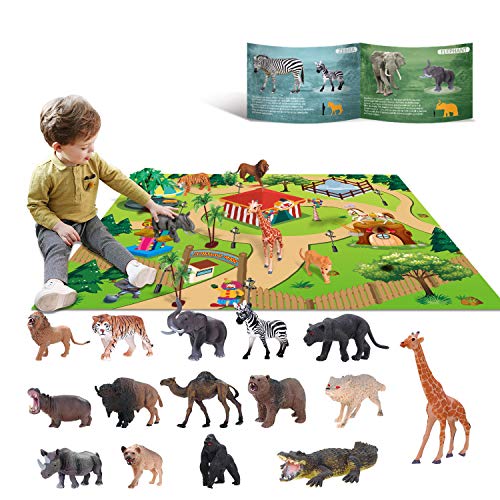 YouCute Tierspielzeug für 3 4 5 6 Jahre alte Kinder Jungle Wild Set Pädagogisches Plastik-Tierspielzeug mit Spielmatte Lion Tiger Party Geschenke für Jungen, Mädchen und Kinder von YouCute