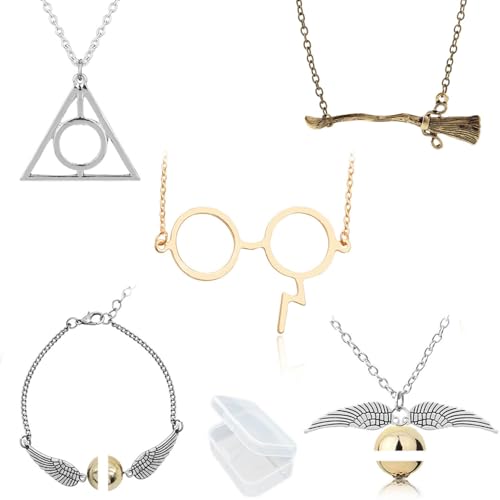 YouU 5 Stück Heiligtümer des Todes Golden Snitch Halskette und Armbänder, Gläser und Besen Halskette für Geschenke Sammlung oder Dekorationen Cosplay von YouU