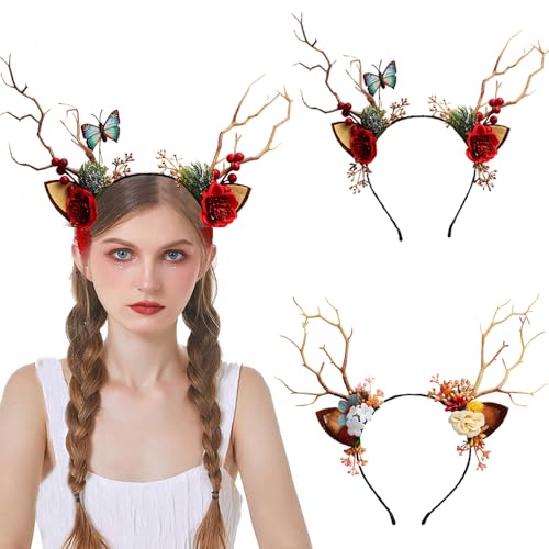 Rentier Haarreifen,YouXiaor 2PCS Geweih Haarreif Hirsch Reh Haarreif mit Ohren Weihnachtshaarreif Weihnachts Haarschmuck Perfekte Accessoire für Erwachsene Kinder Weihnachten Karneval Fasching von YouXiaor