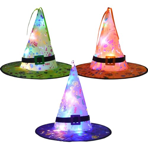 YouYuer 3PCS LED Halloween Hexenhut für Kinder Zaubererhüte Wicked Witch Hat Hexenkostüm Karnevalskostüm Kostümzubehör Cosplay Mütze Halloween Partyhut Hexenhut für Kinder Mädchen Jungen Erwach (C) von YouYuer