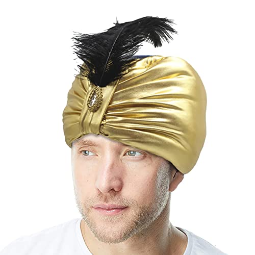 Youding Goldene Turbane – Sultan Headwear Aladdin Hut, Zubehör für arabisches Kostüm, Kostümzubehör, Fantasie, Ostern, mit Feder und Edelstein für Jugendliche, Männer und Frauen, Erwachsene von Youding