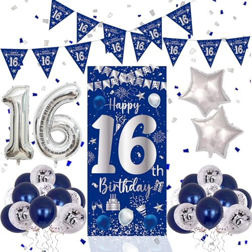 16 Geburtstag Deko Blau und Silber, 16.Geburtstag Junge Mädchen,16.Geburtstag Banner Ballons, Deko 16 Geburtstag Poster Hintergrund Banner für 16 Party Geburtstagsdeko Tür Wand Geburtstagdeko von Youerls