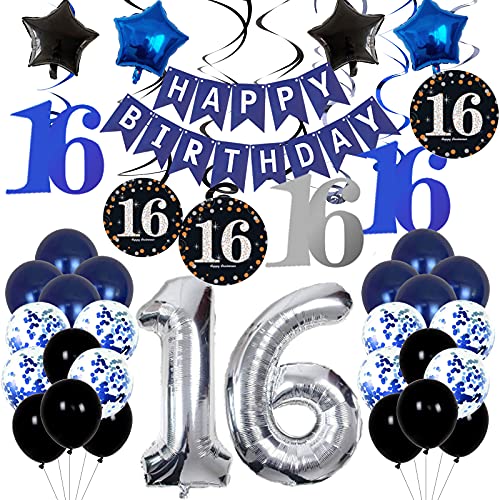 16 Geburtstag Junge Mädchen, 16 Geburtstag Dekoration Luftballon Happy Birthday Girlande Banner Marineblau mit Aufhngen Spiralen für 16 Geburtstag Deko von Youerls