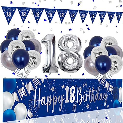 18 Geburtstag Deko Junge Mädchen,Deko 18. Geburtstag Junge Extra lange Happy Birthday Banner (45*250 cm) , 18. Geburtstag Deko Banner Girlande Wimpel Silber 18. Folie Ballons Marineblau Silber Ballons von Youerls