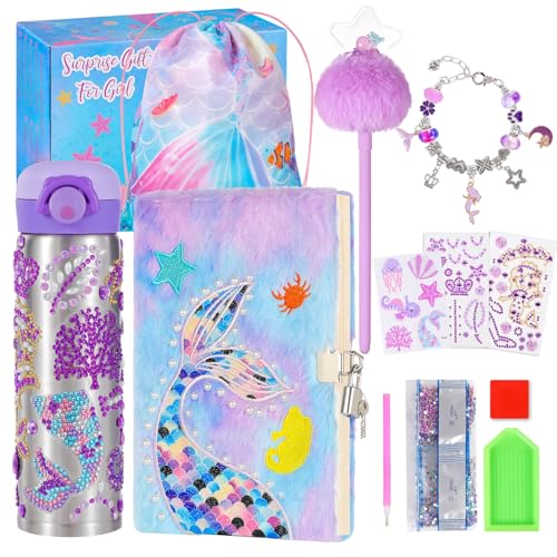 Youerls Meerjungfrau Schulanfang Geschenke für Mädchen 6 7 8 9 10 11 12 Jahre Geheimes Journal-Set Tragbare Tasche Stift Armband Dekoriere Deine eigene Wasserflasche mit Edelstein Diamant Malerei von Youerls