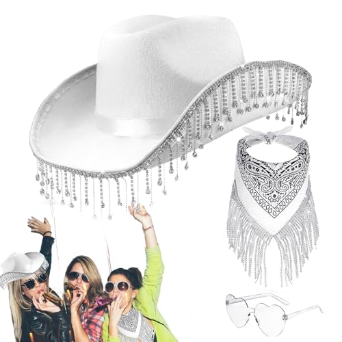 Cowboyhut Damen Mit Glitzer, Cowboyhut Damen Fasching Set, Westernhut Cowboyhüte Cowgrilhut Rock Hippie Herzförmige Brille Halstuch Wilder Party Brillen Geburtstagsfeier Fasching Karneval Kostüm Party von Youngwier