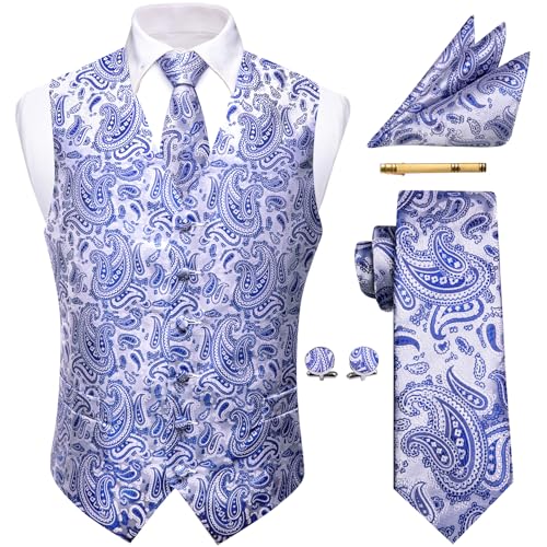 YourTies 1920er-Jahre-Kostüm, brüllende 20er-Jahre-Kostüme für Herren, Westen-Outfit mit Seidenkrawatte, Einstecktuch, Krawattenklammer, Blau, Silber, 3XL von YourTies