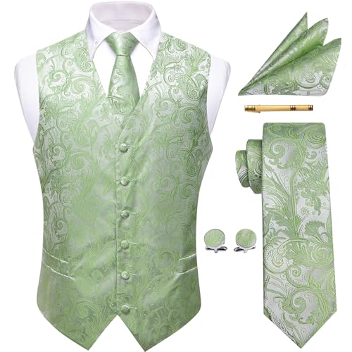 YourTies Herren-Anzugweste, Paisley-Kostüm, Weste, Seide, Krawatte, Einstecktuch, Manschettenknöpfe, Set für Herren, Hochzeit, Party, Salbeigrün, Large von YourTies