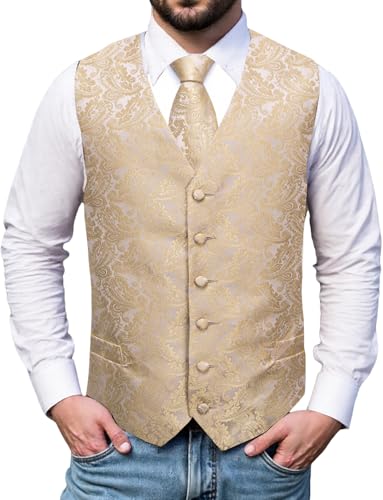 YourTies 1920er-Jahre-Kostüm, brüllende 20er-Jahre-Kostüme für Herren, Westen-Outfit mit Seidenkrawatte, Einstecktuch, Krawattenklammer, champagnerfarben / goldfarben, 3XL von YourTies