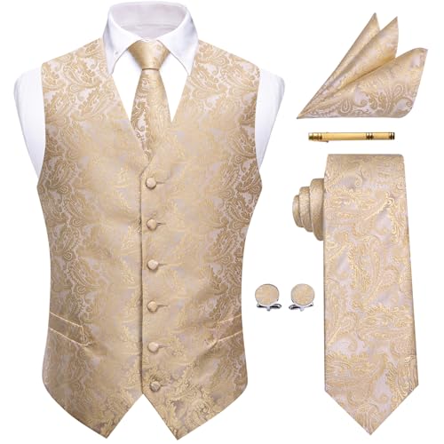 YourTies 1920er-Jahre-Kostüm, brüllende 20er-Jahre-Kostüme für Herren, Westen-Outfit mit Seidenkrawatte, Einstecktuch, Krawattenklammer, champagnerfarben / goldfarben, XXL von YourTies