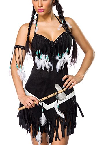 Damen Indianer Kostüm Verkleidung mit Federn und Fransen mit Kleid, Armschmuck, Tomahawk, in Wildleder Optik S von your_Designerz