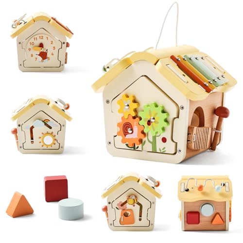 Youuys Montessori Motorikwürfel holzspielzeug Montessori Spielzeug ab 1 Jahr 10 in 1（Beige Haus） von Youuys