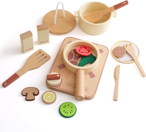 Youuys Kinderküche Zubehör, Spielküche Zubehör Holz, Topfset und Geschirr für Spielküche, Kochset für Rollenspiele, Geschenk für Kinder ab 3 Jahren, 18PCS von Youuys