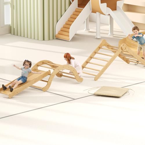 Youyijia 4-in-1 Indoor-Klettergerüst für Kleinkinder, Montessori-Klettergerüst-Set mit Holz-Kletterdreieck, Bogen, Rutsche und kurzem Kissen, faltbares Kletterspielzeug für Kinder, 3–6 Jahren von Youyijia