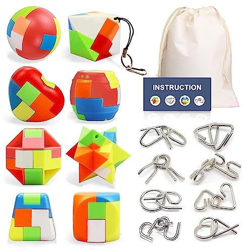 16 Pack Brain Teasers Puzzles für Kinder & Erwachsene, Gehirn-Teaser Metall IQ Toys Puzzle Gedankenspiel 3D Spule Cast Wire Unlock Interlock Magic Ball Puzzles für Jugendliche von Yowlieu