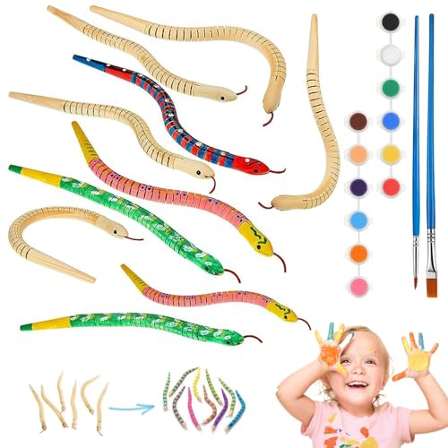 Yoyakie Schlangenspielzeug, Holzschlange, 12 Zoll unvollendetes wackeliges Schlangenspielzeug, Flexible falsche Schlangen mit 12 Farben Acrylhandwerk und 2 Pinsel für Kunsthandwerk von Yoyakie