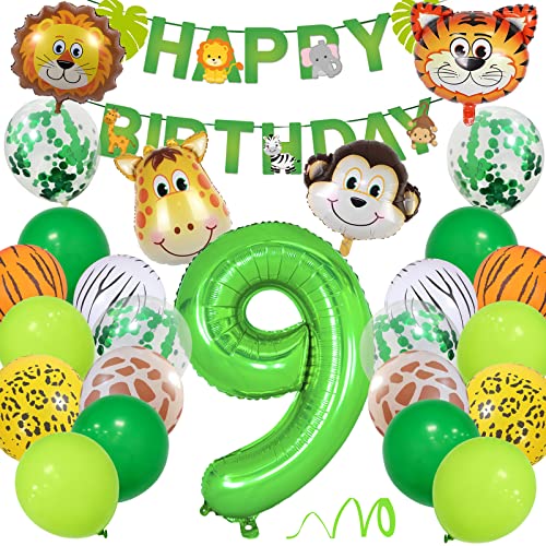 9 Geburtstag Deko Junge Mädchen, Wilde Waldtiere Dschungel Kindergeburtstag Deko 9. Jahr mit Safari Tier Luftballons, Happy Birthday Banner Zahlen Ballon 9 für Kinder Wild Geburtstagdeko von Yoyoin