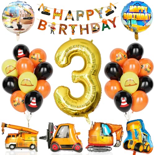 Bagger Deko Kindergeburtstag 3, 29Pcs Partyzubehör für den Bau mit Banner,Ballon Zahlen 3 mit Bulldozer, Gabelstapler Bagger Luftballons für Jungen Kinder Bauparty Geburtstags party Dekorationen von Yoyoin