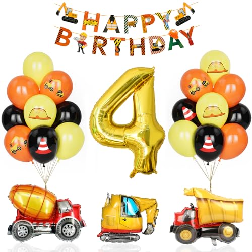 Bagger Deko Kindergeburtstag 4, Geburtstag Party Dekoration 4 Jahre Junge Bagger Luftballons Baustelle Geburtstagsdeko Mit Gold Zahlenballon Happy Birthday Banner Folienballon Geburtstag Partyzubehör von Yoyoin