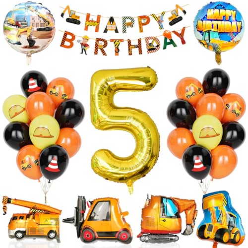 Bagger Deko Kindergeburtstag 5, 29Pcs Partyzubehör für den Bau mit Banner,Ballon Zahlen 5 mit Bulldozer, Gabelstapler Bagger Luftballons für Jungen Kinder Bauparty Geburtstags party Dekorationen von Yoyoin