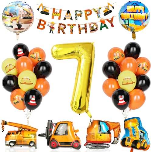 Bagger Deko Kindergeburtstag 7, 29Pcs Partyzubehör für den Bau mit Banner,Ballon Zahlen 7 mit Bulldozer, Gabelstapler Bagger Luftballons für Jungen Kinder Bauparty Geburtstags party Dekorationen von Yoyoin