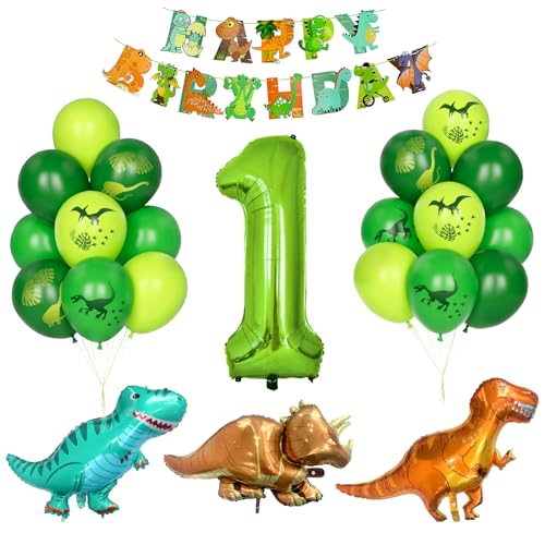 Dino Geburtstag Dekor, Kindergeburtstag Dekoration 1 Jahr Jungen Dinosaurier Luftballons Grüner Zahlenballon 1 Grün Latexballons Helium Dschungel Folienballon Happy Birthday Banner Partyzubehör von Yoyoin