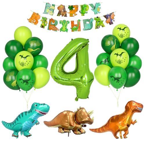 Dino Geburtstag Dekor, Kindergeburtstag Dekoration 4 Jahr Jungen Dinosaurier Luftballons Grüner Zahlenballon 4 Grün Latexballons Helium Dschungel Folienballon Happy Birthday Banner Partyzubehör von Yoyoin