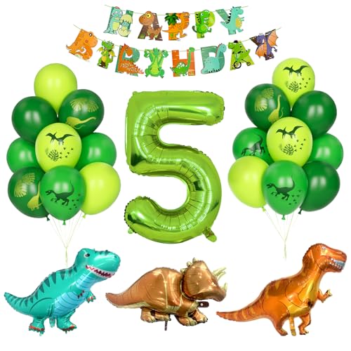 Dino Geburtstag Dekor, Kindergeburtstag Dekoration 5 Jahr Jungen Dinosaurier Luftballons Grüner Zahlenballon 5 Grün Latexballons Helium Dschungel Folienballon Happy Birthday Banner Partyzubehör von Yoyoin