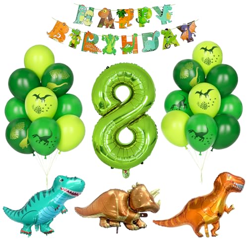 Dino Geburtstag Dekor, Kindergeburtstag Dekoration 8 Jahr Jungen Dinosaurier Luftballons Grüner Zahlenballon 8 Grün Latexballons Helium Dschungel Folienballon Happy Birthday Banner Partyzubehör von Yoyoin