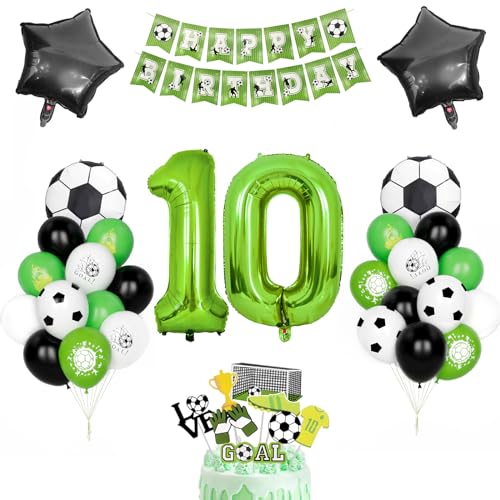 Fussball Geburtstag Dekor, Kindergeburtstag Deko 10 Jahr Jungen Fußball Luftballons Grüner Zahlenballon 10 Schwarz Grün Weiß Latexballons Helium Soccer Folienballon Happy Birthday Banner Partyzubehör von Yoyoin