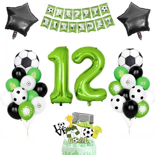 Fussball Geburtstag Dekor, Kindergeburtstag Deko 12 Jahr Jungen Fußball Luftballons Grüner Zahlenballon 12 Schwarz Grün Weiß Latexballons Helium Soccer Folienballon Happy Birthday Banner Partyzubehör von Yoyoin