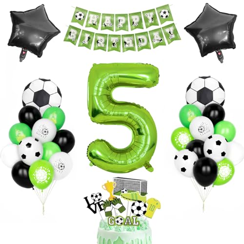 Fussball Geburtstag Dekor, Kindergeburtstag Deko 5 Jahr Jungen Fußball Luftballons Grüner Zahlenballon 5 Schwarz Grün Weiß Latexballons Helium Soccer Folienballon Happy Birthday Banner Partyzubehör von Yoyoin