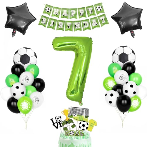 Fussball Geburtstag Dekor, Kindergeburtstag Deko 7 Jahr Jungen Fußball Luftballons Grüner Zahlenballon 7 Schwarz Grün Weiß Latexballons Helium Soccer Folienballon Happy Birthday Banner Partyzubehör von Yoyoin