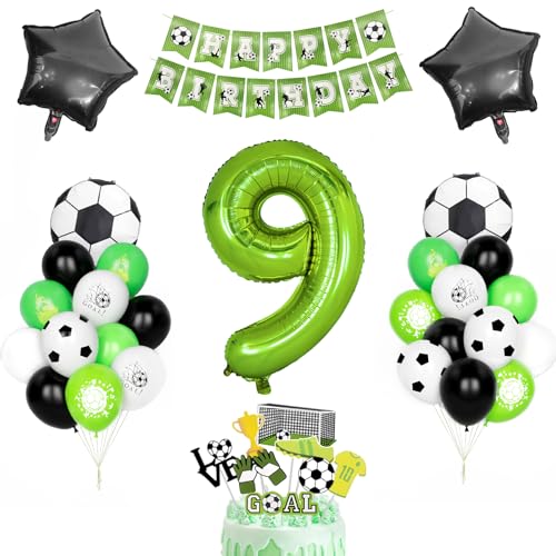 Fussball Geburtstag Dekor, Kindergeburtstag Deko 9 Jahr Jungen Fußball Luftballons Grüner Zahlenballon 9 Schwarz Grün Weiß Latexballons Helium Soccer Folienballon Happy Birthday Banner Partyzubehör von Yoyoin