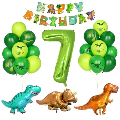 Dino Geburtstag Dekor, Kindergeburtstag Dekoration 7 Jahr Jungen Dinosaurier Luftballons Grüner Zahlenballon 7 Grün Latexballons Helium Dschungel Folienballon Happy Birthday Banner Partyzubehör von Yoyoin