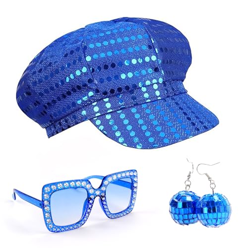 Yozexin 3 Stück 70er Jahre Paillettenhut Abba Hut Abba Zubehör Disco Kostüm Glitzer Abba Pailletten Baskenmütze Ohrringe Quadratisch Bling Sonnenbrille Retro für Frauen Mottoparty Geburtstag Tanz von Yozexin